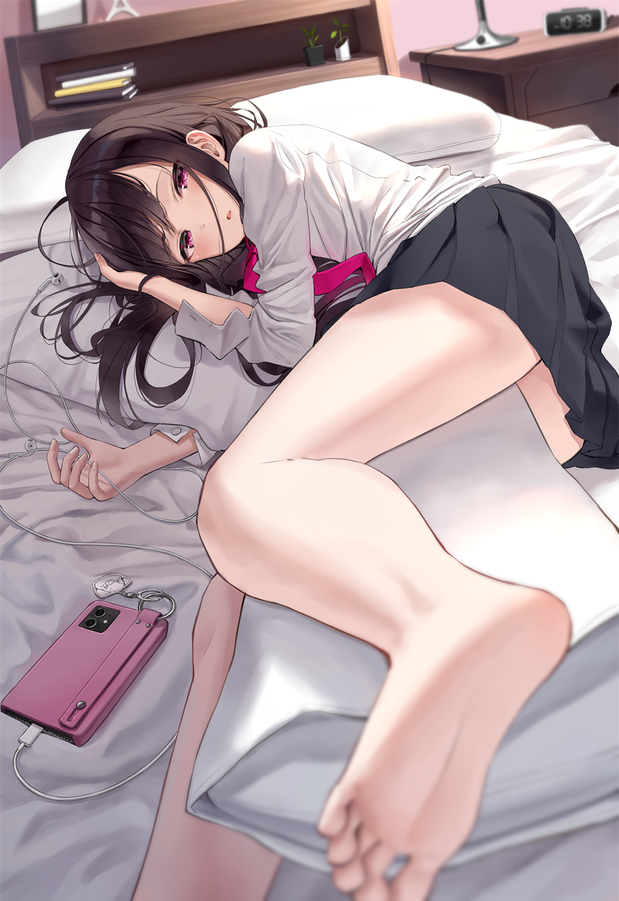 1girl barefoot bed bed_sheet black_skirt book brown_hair cellphone earphones highres indoors legs long_hair long_sleeves looking_at_viewer lying necktie on_bed open_mouth original phone pillow pink_eyes pink_neckwear shirt skirt soles solo superpig white_shirt