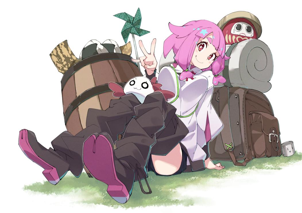 1girl backpack bag bangs barrel black_shorts boots breasts brown_footwear daruma food fox_shadow_puppet full_body large_breasts long_sleeves looking_at_viewer onigiri origami original pink_hair pinwheel shirt shorts simple_background sitting smile tied_hair ushiki_yoshitaka white_background white_shirt