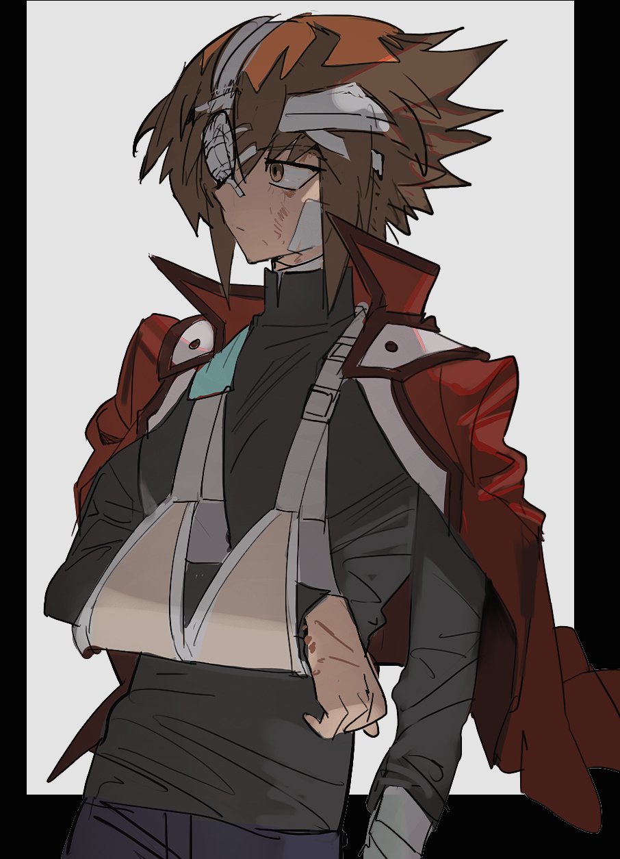 1boy arm_sling bandage_over_one_eye bandaged_head bandages black_shirt broken_arm brown_eyes brown_hair cocaduel duel_academy_uniform_(yu-gi-oh!_gx) highres injury jacket jacket_on_shoulders male_focus multicolored_hair orange_hair pants shirt short_hair solo spiky_hair turtleneck two-tone_hair yu-gi-oh! yu-gi-oh!_gx yuuki_juudai