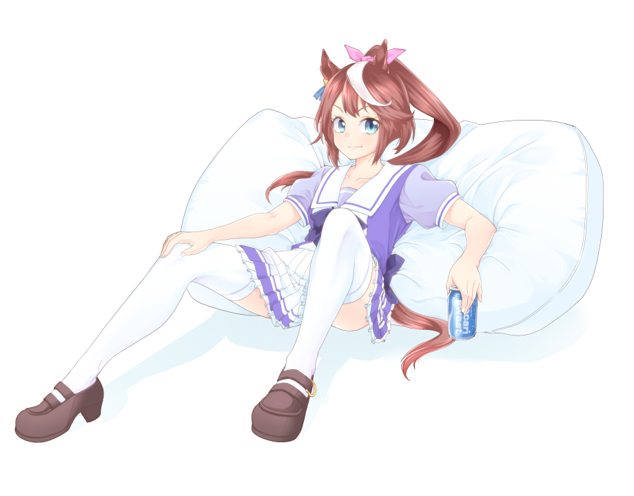 &gt;:) 1girl animal_ears blue_eyes brown_footwear brown_hair can closed_mouth full_body hair_ribbon holding holding_can horse_ears horse_girl horse_tail kumataka loafers long_hair looking_at_viewer multicolored_hair pink_ribbon pleated_skirt puffy_short_sleeves puffy_sleeves purple_shirt ribbon school school_uniform shirt shoes short_sleeves sitting skirt smile solo streaked_hair tail thigh-highs tokai_teio tracen_school_uniform two-tone_hair umamusume uniform white_background white_hair white_legwear white_skirt