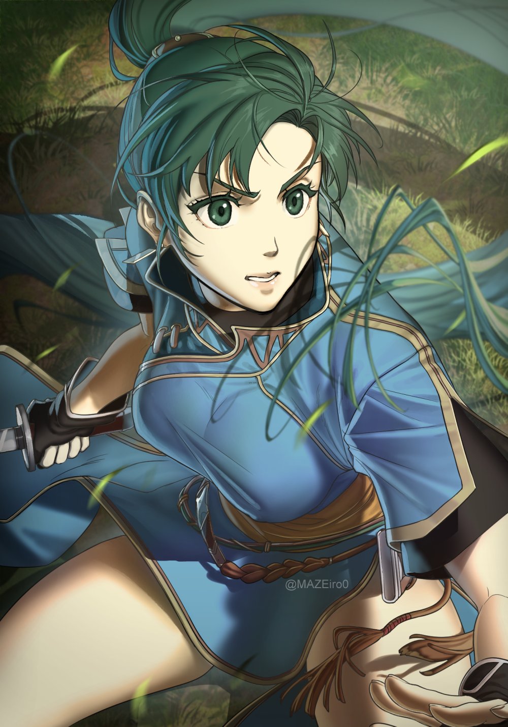 1girl bangs breasts covered_nipples english_commentary fire_emblem fire_emblem:_the_blazing_blade floating_hair from_above green_eyes green_hair hair_behind_ear highres holding holding_sword holding_weapon long_hair looking_up lyn_(fire_emblem) maze_draws medium_breasts open_hand open_mouth ponytail sash solo sword v-shaped_eyebrows very_long_hair weapon