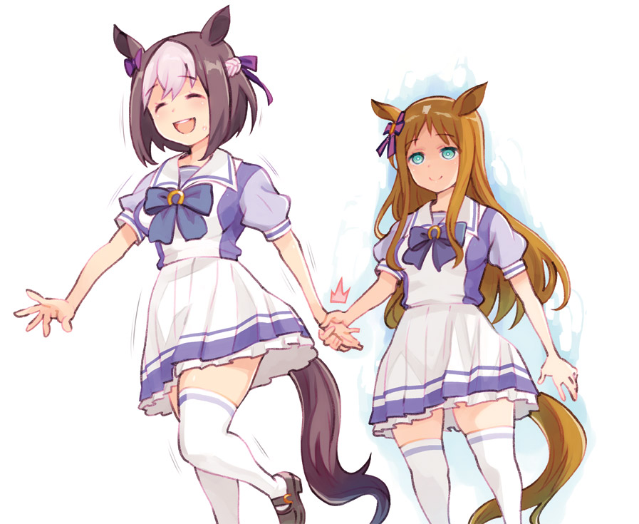 2girls animal_ears aura blush bow brown_hair closed_eyes grass_wonder green_eyes hair_bow hair_ribbon holding_hands horse_ears horse_girl horse_tail light_brown_hair long_hair looking_at_another multiple_girls open_mouth ribbon ryoji_(nomura_ryouji) school_uniform shaking shoes short_hair simple_background skirt smile special_week tail thigh-highs umamusume upper_teeth white_background worried yandere