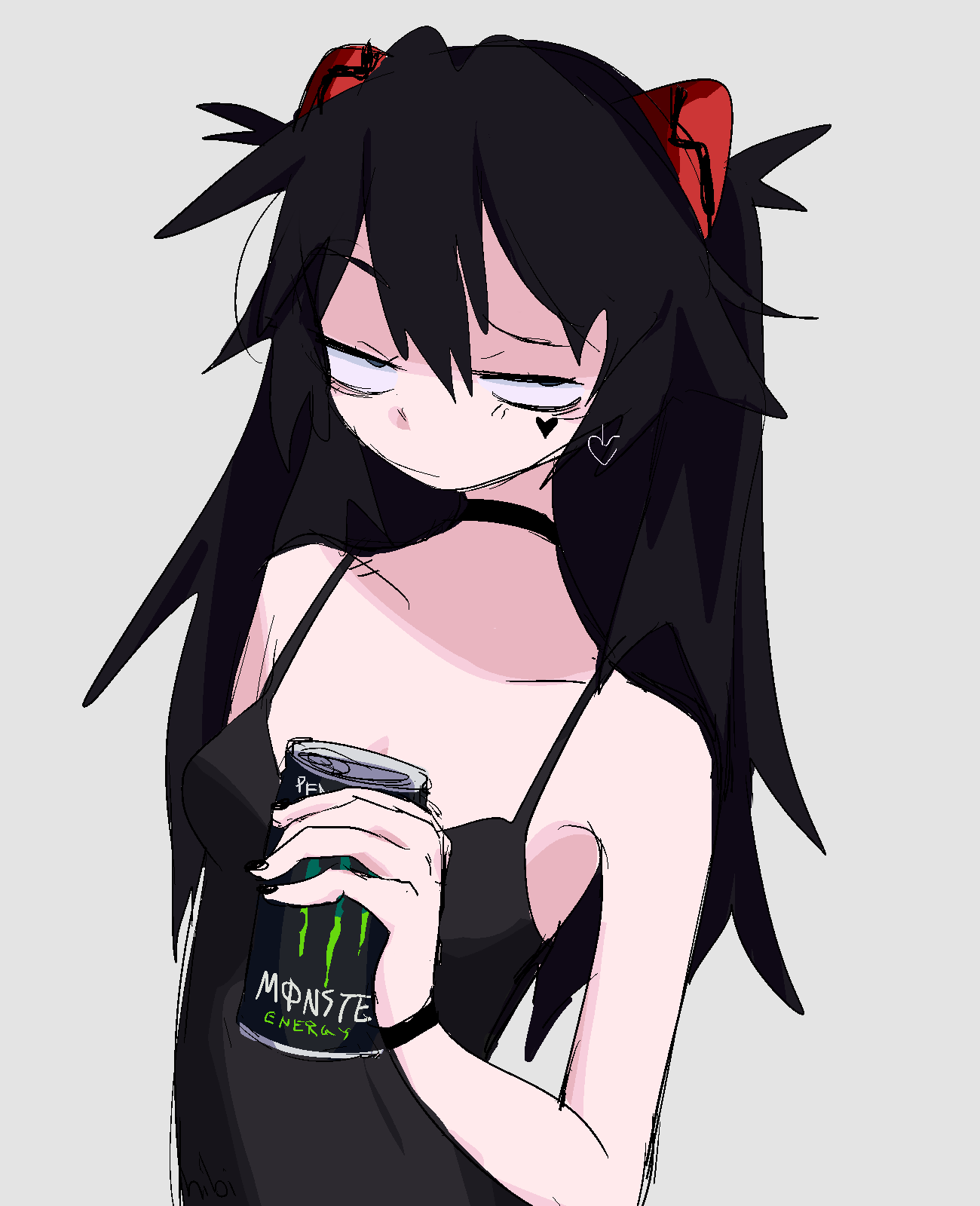 1girl alternate_costume alternate_eye_color alternate_hair_color alternate_hairstyle bangs black_eyes black_tank_top can collarbone earrings facial_tattoo grey_background hair_between_eyes heart heart_tattoo hibi_(dusrbinrat) highres holding holding_can interface_headset jewelry long_hair looking_up monster_energy neon_genesis_evangelion solo souryuu_asuka_langley tank_top tattoo two_side_up upper_body