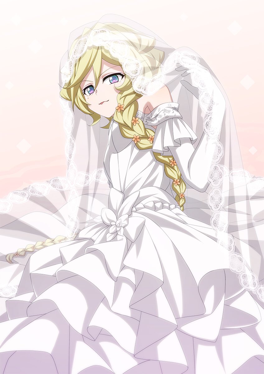 1girl bangs blonde_hair blue_eyes bow braid braided_ponytail bridal_veil carol_malus_dienheim closed_mouth dress elbow_gloves eyebrows_visible_through_hair flower gloves hair_between_eyes hair_flower hair_ornament hair_over_shoulder highres layered_dress long_dress long_hair miona_yui mole mole_under_eye orange_flower ponytail senki_zesshou_symphogear sitting solo veil very_long_hair wedding_dress white_background white_bow white_dress white_gloves