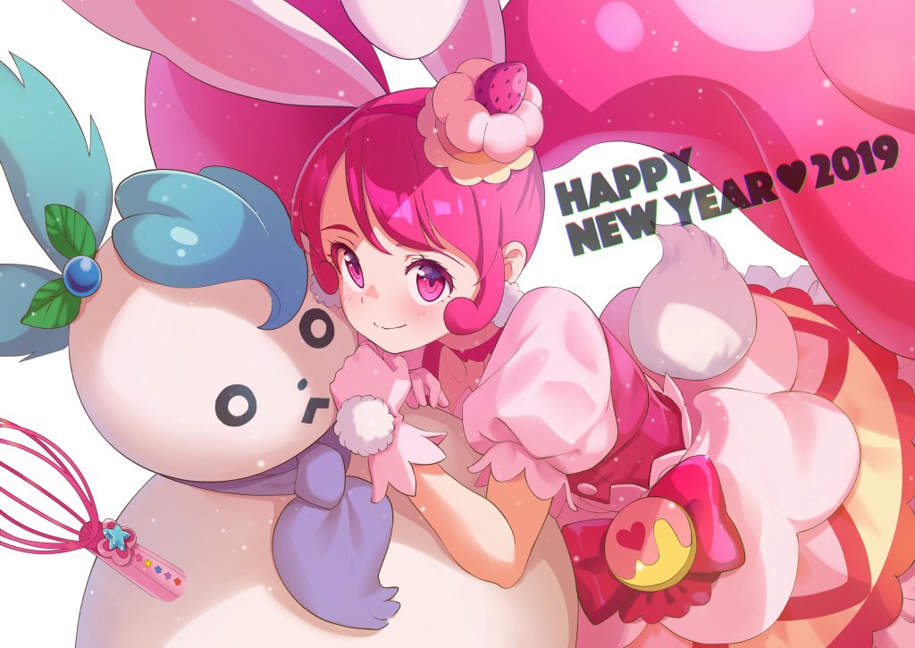 1girl 2019 animal_ears blush bunny_tail camembert_chizuko closed_mouth cure_whip dress floating_hair gloves hairband happy_new_year julio_(precure) kirakira_precure_a_la_mode layered_dress long_hair new_year pink_hair precure rabbit_ears red_eyes red_hairband shiny shiny_hair short_sleeves smile tail very_long_hair white_gloves