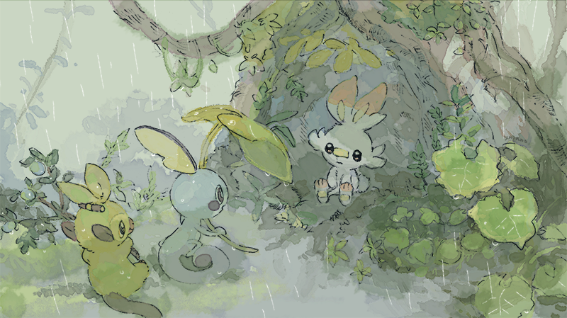 bandaid bandaid_on_nose closed_mouth fog gen_8_pokemon grookey holding leaf no_humans outdoors plant pokemon pokemon_(creature) rain scorbunny sobble starter_pokemon_trio stick tree vines water_drop yurano_(upao)