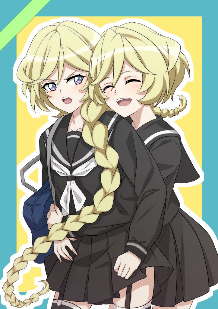 2girls :d arms_around_waist bag black_sailor_collar black_serafuku black_shirt black_skirt blonde_hair blue_border border braid braided_ponytail carol_malus_dienheim closed_eyes collarbone collared_shirt elfnein floating_hair garter_straps hug hug_from_behind long_hair long_sleeves miniskirt miona_yui mole mole_under_eye multiple_girls open_mouth pleated_skirt ponytail sailor_collar sailor_shirt school_bag school_uniform senki_zesshou_symphogear serafuku shiny shiny_hair shirt skirt smile thigh-highs v-shaped_eyebrows very_long_hair white_neckwear zettai_ryouiki