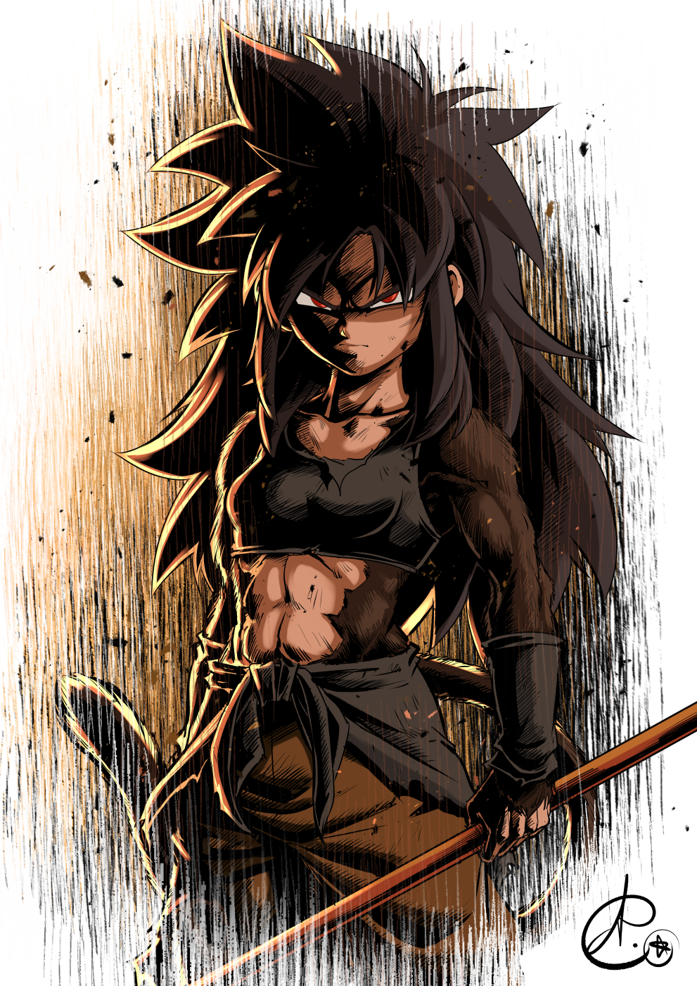 1girl abs benoit_picard black_hair body_fur bracer breasts closed_mouth collarbone crop_top dragon_ball dragon_ball_gt highres holding holding_staff holding_weapon long_hair looking_at_viewer medium_breasts monkey_tail muscular muscular_female pan_(dragon_ball) pants red_eyes serious solo staff standing super_saiyan super_saiyan_4 tail weapon