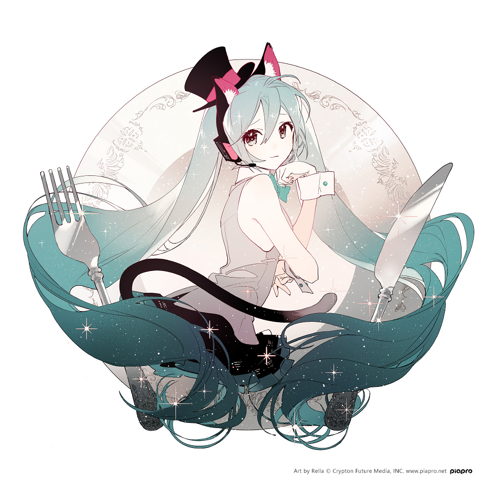 1girl animal_ear_fluff animal_ears aqua_eyes aqua_hair aqua_nails aqua_neckwear bare_arms bare_shoulders black_headwear black_skirt bow bowtie cat_ears cat_girl cat_tail collared_shirt commentary_request crypton_future_media floating_hair fork grey_shirt hair_between_eyes hat hatsune_miku headset kemonomimi_mode knife long_hair miniskirt nail_polish no_legs no_nose official_art piapro plate pleated_skirt rella shirt skirt sleeveless sleeveless_shirt solo sparkle tail top_hat twintails very_long_hair vocaloid watermark wrist_cuffs