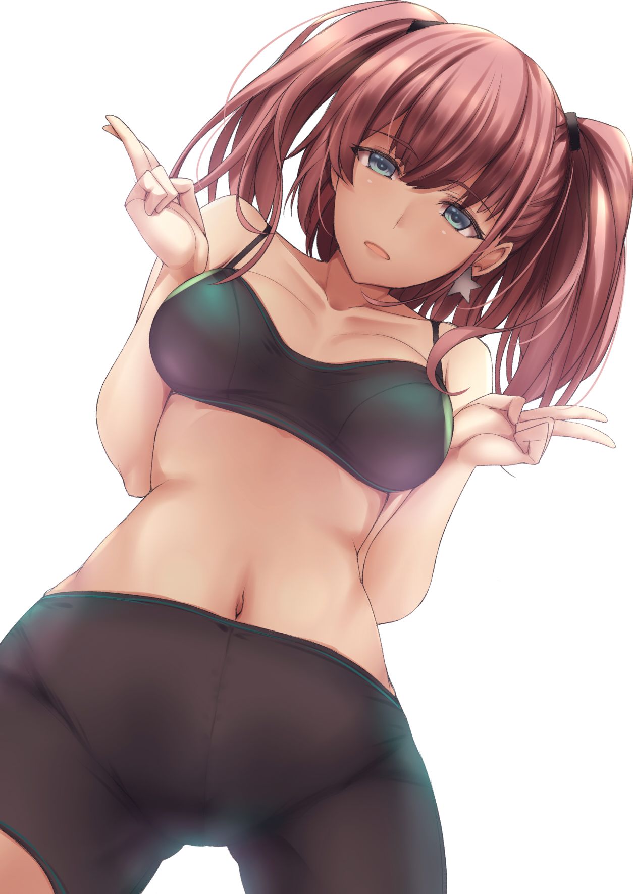 1girl alternate_costume atlanta_(kancolle) bike_shorts breasts brown_hair double_v earrings eyebrows_visible_through_hair grey_eyes hair_ornament highres jewelry kantai_collection kuurunaitsu large_breasts long_hair looking_at_viewer looking_down navel open_mouth shorts simple_background solo sports_bra star_(symbol) star_earrings stomach two_side_up v white_background