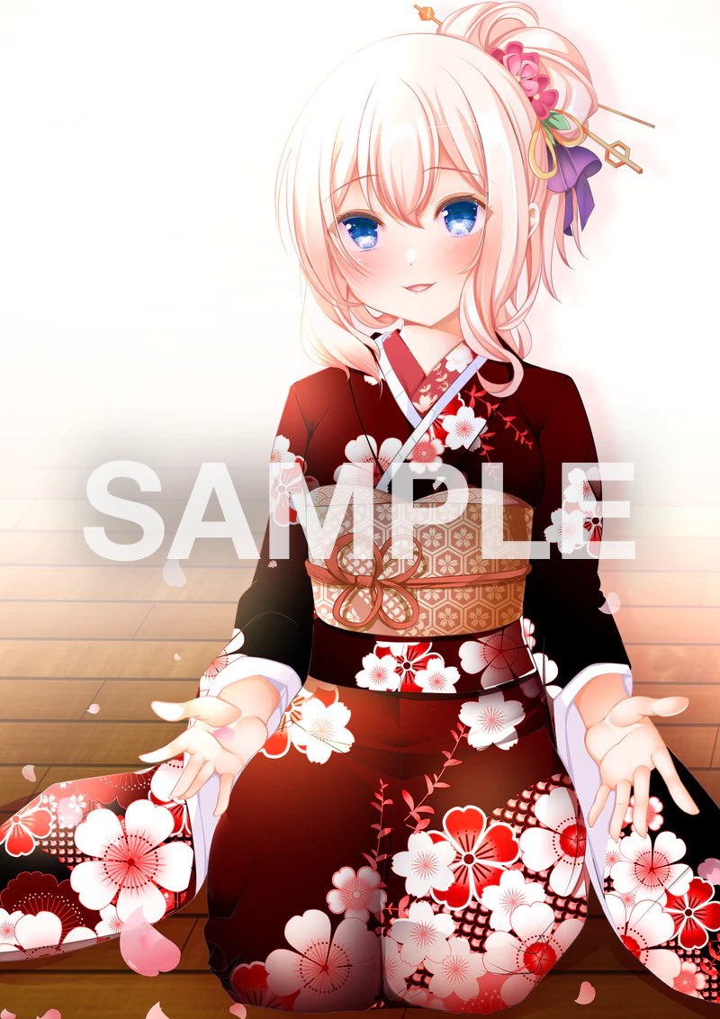 1girl alternate_costume alternate_hairstyle azur_lane bangs blonde_hair blue_eyes blush commentary_request commission face floor floral_print flower hair_between_eyes hair_bun hair_flower hair_ornament hairpin japanese_clothes leander_(azur_lane) long_hair open_mouth origami_aya outstretched_hand sample seiza sitting skeb_commission smile