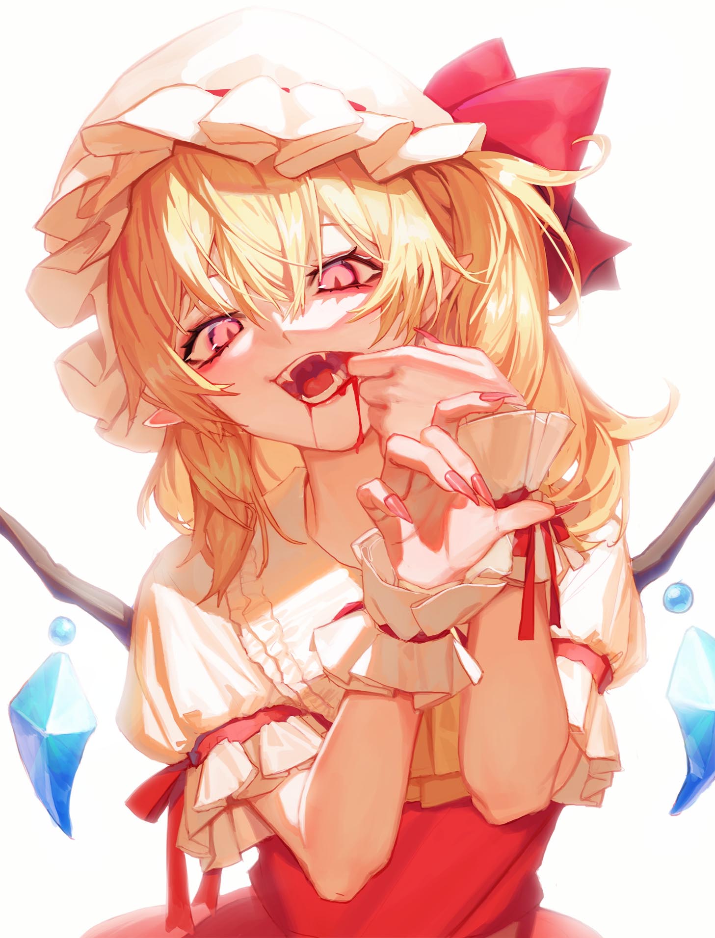 1girl bangs blonde_hair blood blood_from_mouth bow commentary_request crystal eyebrows_visible_through_hair fangs finger_in_mouth fingernails flandre_scarlet frilled_shirt_collar frilled_sleeves frills grey_background hands_up hat highres looking_at_viewer medium_hair mob_cap open_mouth pink_eyes pink_nails pointy_ears puffy_sleeves red_bow red_eyes red_nails ribbon sharp_fingernails short_sleeves simple_background solo touhou tunamayo_(dsasd751) upper_body white_background wings wrist_cuffs