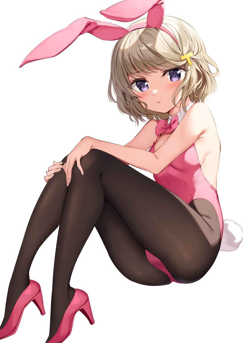 1girl :t animal_ears ass bare_arms bare_shoulders black_legwear bow bowtie breasts brown_hair detached_collar fake_animal_ears hair_ornament hairband high_heels highleg highleg_leotard highres knees_up koga_tomoe leotard looking_at_viewer oryou pantyhose pink_footwear pink_leotard playboy_bunny pout rabbit_ears seishun_buta_yarou short_hair simple_background small_breasts solo strapless strapless_leotard violet_eyes white_background