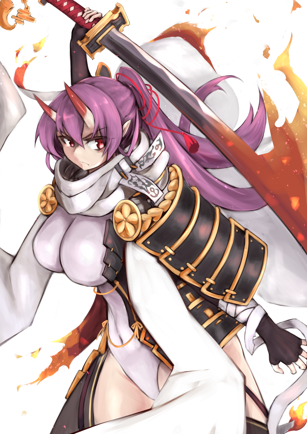 1girl angry azur_lane bangs bare_shoulders breasts closed_mouth covered_navel gloves hair_between_eyes highres holding horns izumo_(azur_lane) katana large_breasts long_hair marshall_k oni oni_horns pointy_ears ponytail purple_hair red_eyes solo sword thigh-highs weapon