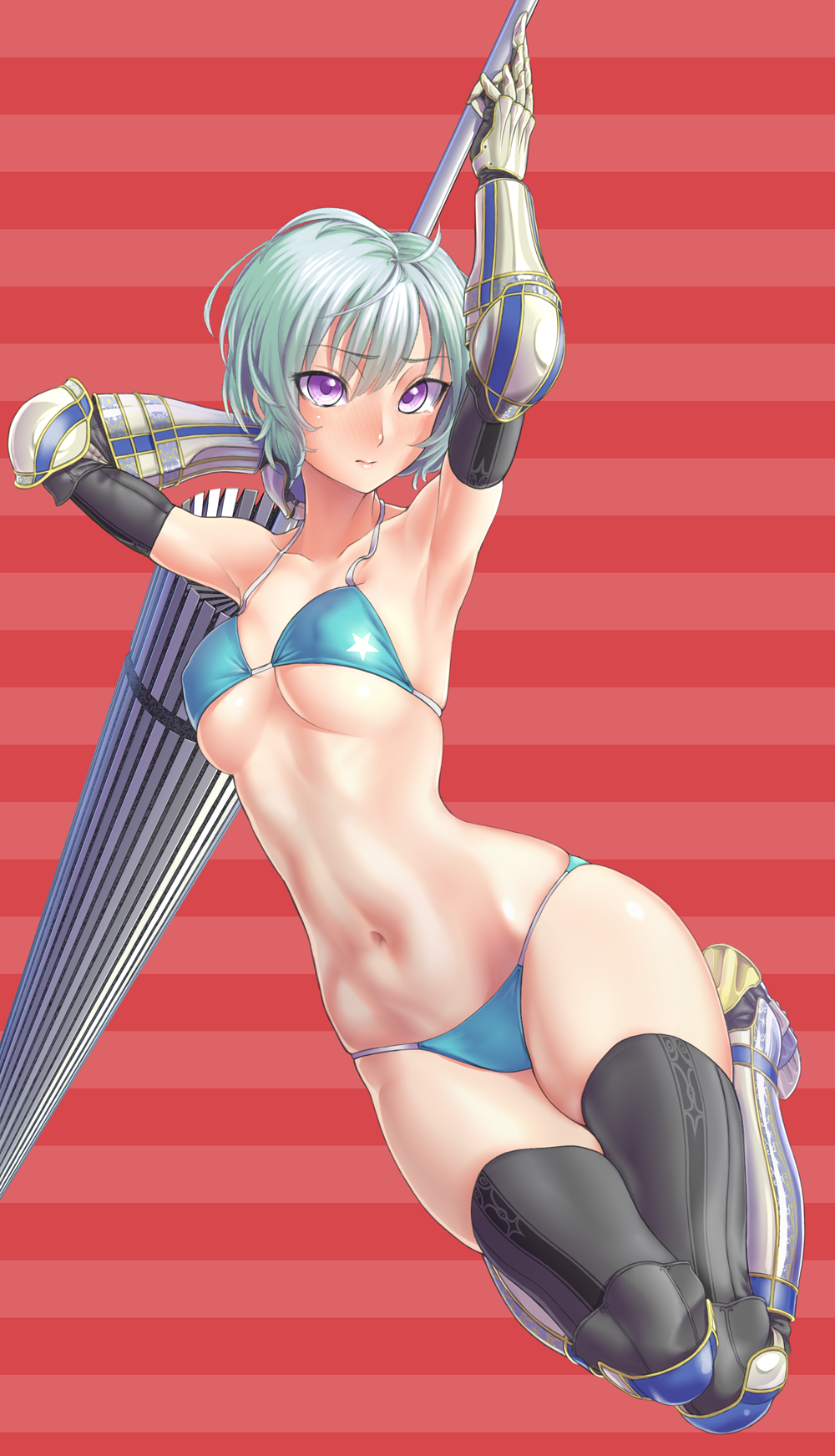 1girl armpits bikini black_gloves blue_bikini blush breasts closed_mouth elbow_gloves gauntlets gishu gloves green_hair hands_up highres holding holding_lance holding_polearm holding_weapon lance large_breasts legs_together looking_at_viewer navel original polearm red_background short_hair skindentation solo stomach striped striped_background swimsuit thigh-highs violet_eyes weapon