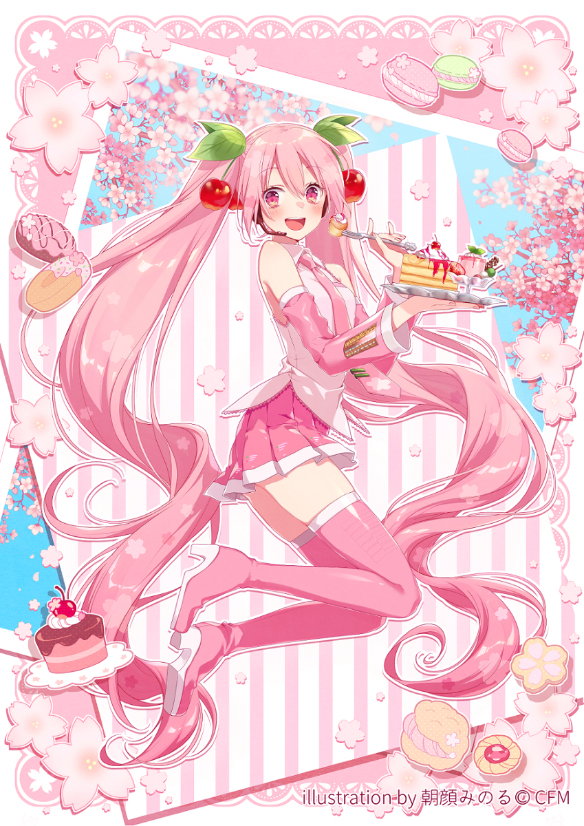 1girl :d artist_name asagao_minoru border cake cherry_blossoms cherry_hair_ornament doughnut flower food food_themed_hair_ornament hair_ornament highres holding holding_food macaron open_mouth pastries pastry pink_eyes pink_flower pink_hair pink_legwear pink_skirt skirt smile thighs vocaloid white_border