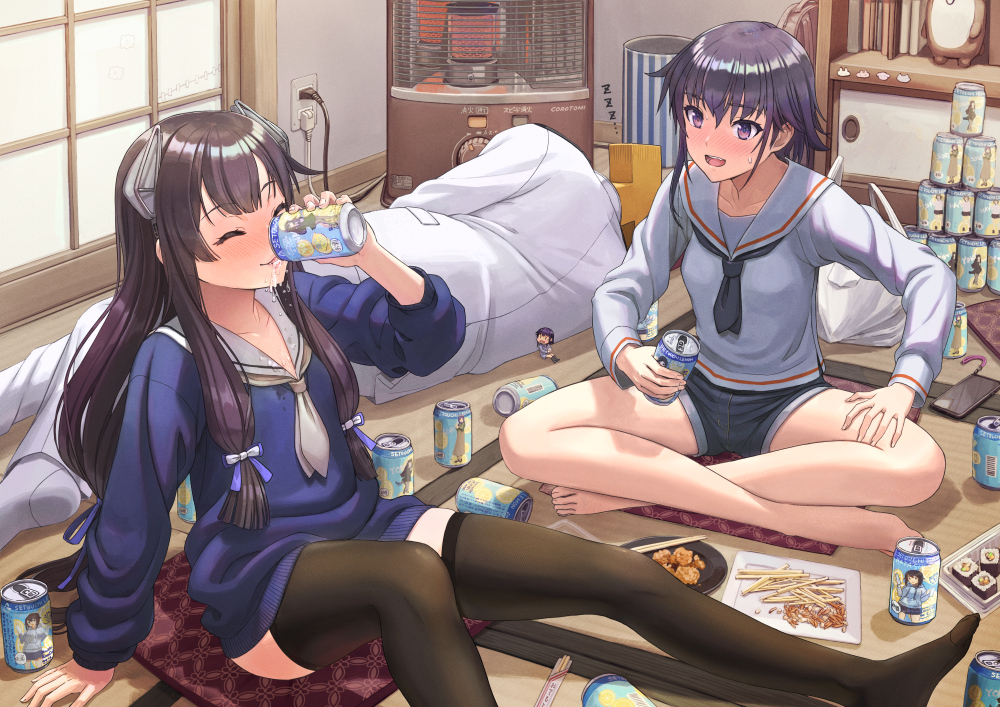 1boy 3girls admiral_(kancolle) asymmetrical_hair bare_legs barefoot black_hair black_legwear black_neckwear black_shorts blue_sailor_collar blue_serafuku blush bokukawauso brown_eyes can cellphone chopsticks closed_eyes collarbone cushion drinking ehoumaki electric_plug electric_socket eyebrows_visible_through_hair fairy_(kancolle) food hayasui_(kancolle) heater holding holding_can i-14_(kancolle) i-47_(kancolle) kantai_collection karaage long_hair long_sleeves low-tied_long_hair makizushi military military_uniform multiple_girls naval_uniform pants phone sailor_collar school_uniform serafuku short_hair shorts sidelocks sitting smartphone sushi t-head_admiral tantaka tatami thigh-highs toes uniform white_neckwear white_pants white_sailor_collar zabuton