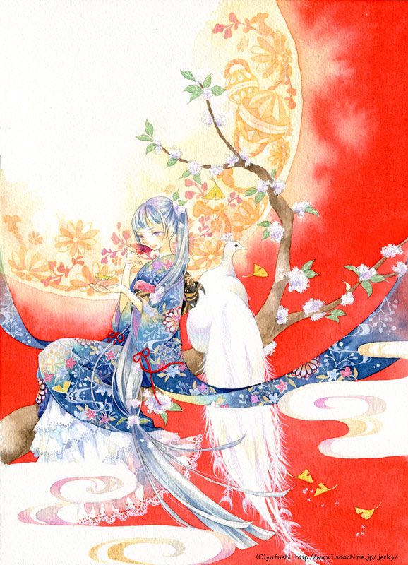 1girl absurdly_long_hair bangs bird branch flower frills ginkgo_leaf grey_hair japanese_clothes kimono leaf long_hair long_sleeves original print_kimono sitting solo traditional_media very_long_hair watercolor_(medium) watermark web_address white_flower wide_shot wide_sleeves yuufuushi