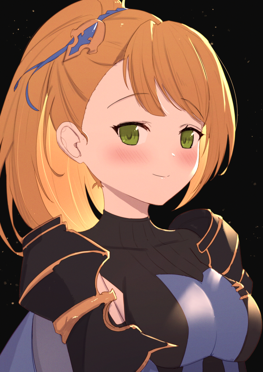 1girl armor bangs black_background black_shirt blush breasts brown_hair character_request closed_mouth eyebrows_visible_through_hair granblue_fantasy green_eyes hair_ornament highres long_hair medium_breasts pauldrons ponytail shirt shoulder_armor smile solo uneg upper_body