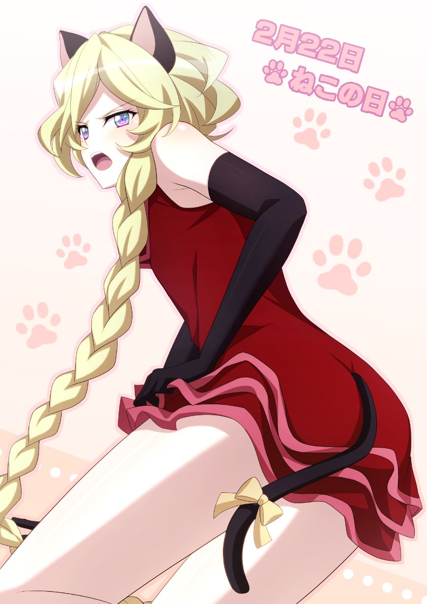 1girl animal_ears bangs black_gloves blonde_hair blue_eyes bow braid braided_ponytail carol_malus_dienheim cat_day cat_ears cat_tail dress dress_tug elbow_gloves gloves highres layered_dress long_hair miona_yui open_mouth parted_bangs paw_background ponytail red_dress senki_zesshou_symphogear short_dress sleeveless sleeveless_dress solo tail tail_bow tail_ornament very_long_hair yellow_bow