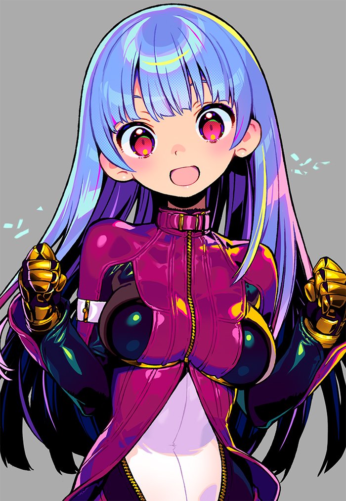 1girl bangs blue_hair blush bodysuit breasts clenched_hands cropped_jacket gloves grey_background jacket kula_diamond large_breasts long_hair looking_at_viewer multicolored multicolored_bodysuit multicolored_clothes open_mouth red_eyes shunin simple_background solo the_king_of_fighters upper_body zipper