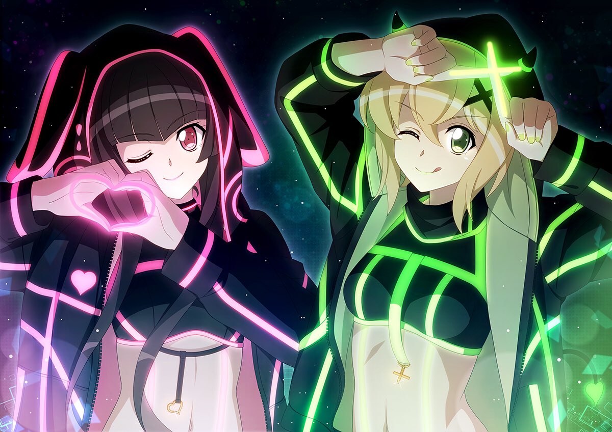 2girls ;) ;q akatsuki_kirika animal_ears animal_hood arms_up bangs black_cardigan blonde_hair blunt_bangs breasts brown_hair bunny_hood cardigan crop_top eyebrows_visible_through_hair fake_animal_ears fake_horns green_eyes heart heart_hands hood hood_up hooded_cardigan horns long_sleeves looking_at_viewer medium_breasts medium_hair midriff miona_yui multiple_girls nail_polish navel one_eye_closed open_cardigan open_clothes rabbit_ears red_eyes senki_zesshou_symphogear shiny shiny_hair sidelocks smile stomach tongue tongue_out tsukuyomi_shirabe upper_body yellow_nails