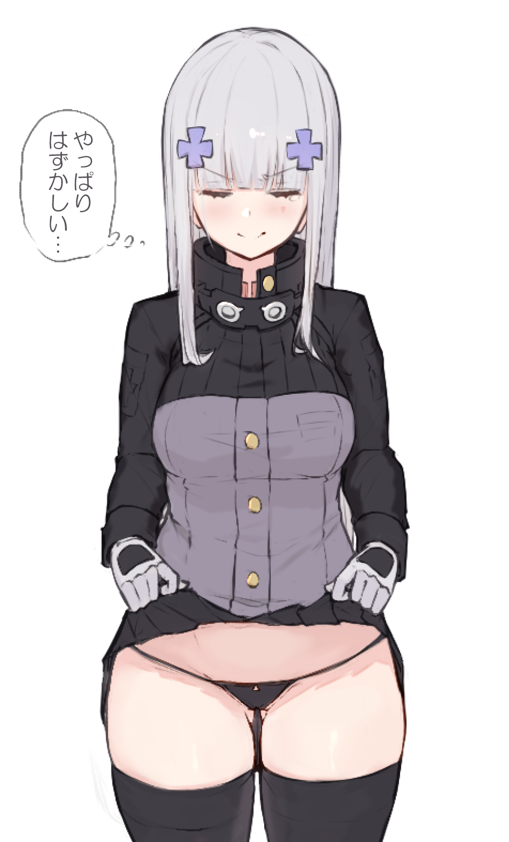 1girl ass_visible_through_thighs black_legwear black_panties black_skirt breasts closed_eyes cowboy_shot eyebrows_visible_through_hair girls_frontline gloves hair_ornament hiepita97 highres hk416_(girls_frontline) jacket lifted_by_self long_hair long_sleeves medium_breasts no_hat no_headwear panties pleated_skirt sidelocks silver_hair skirt skirt_lift smile solo straight_hair string_panties thigh-highs thighs thought_bubble translation_request underwear white_background