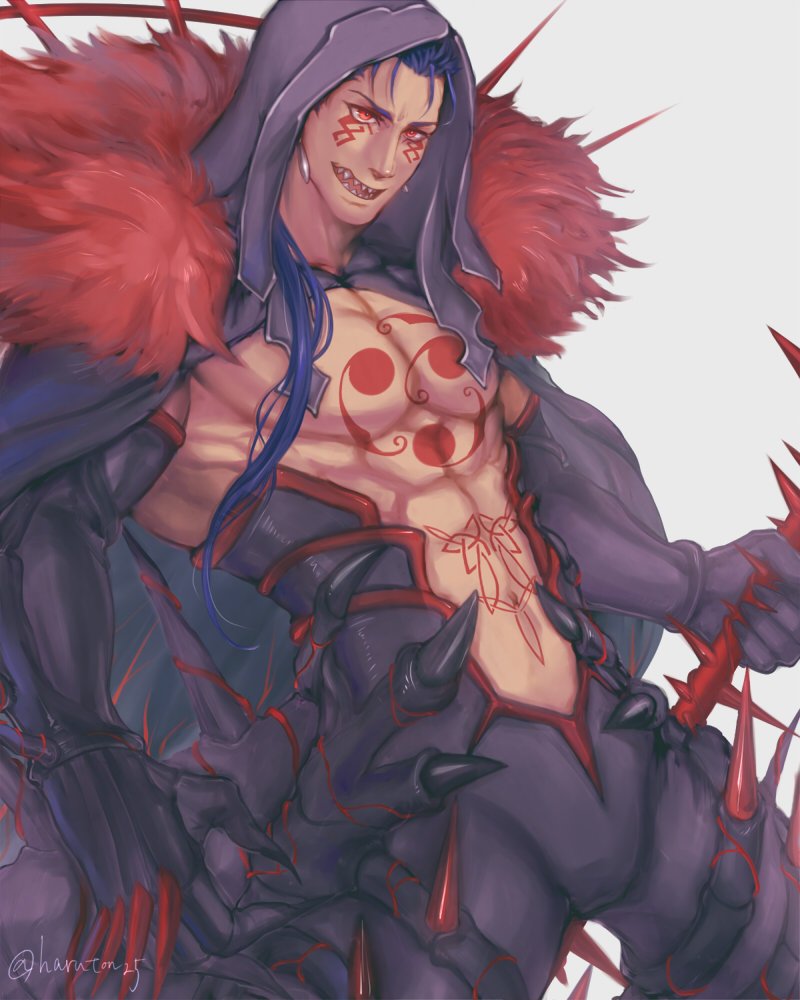 1boy abs black_gloves black_pants blue_hair bodypaint bulge cape claws cu_chulainn_(fate)_(all) cu_chulainn_alter_(fate/grand_order) dark_blue_hair dark_persona detached_hood earrings elbow_gloves facepaint fate/grand_order fate_(series) fur-trimmed_cape fur_trim gae_bolg_(fate) gloves grin holding holding_polearm holding_weapon hood hood_up ibushi jewelry long_hair male_focus muscular muscular_male navel open_mouth pants pectorals polearm ponytail red_eyes sharp_teeth shirtless simple_background skin_tight smile solo spikes tail teeth twitter_username weapon
