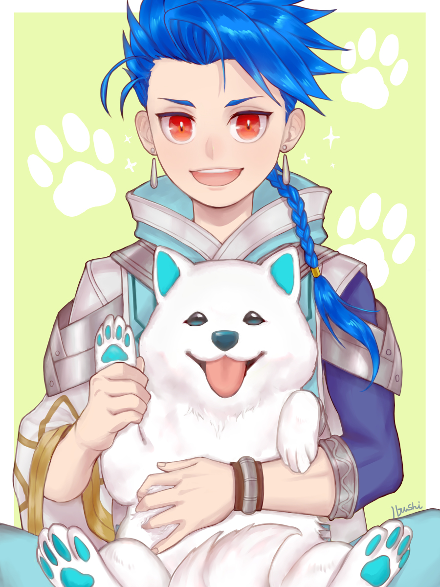 1boy 1other animal asymmetrical_bangs asymmetrical_clothes bangs blue_hair bracelet braid braided_ponytail child cu_chulainn_(fate)_(all) dog earrings fate/grand_order fate/grand_order_arcade fate_(series) happy highres ibushi jewelry long_hair long_sleeves looking_at_viewer male_focus open_mouth paw_print paws ponytail popped_collar puppy red_eyes setanta_(fate) signature slit_pupils smile spiky_hair