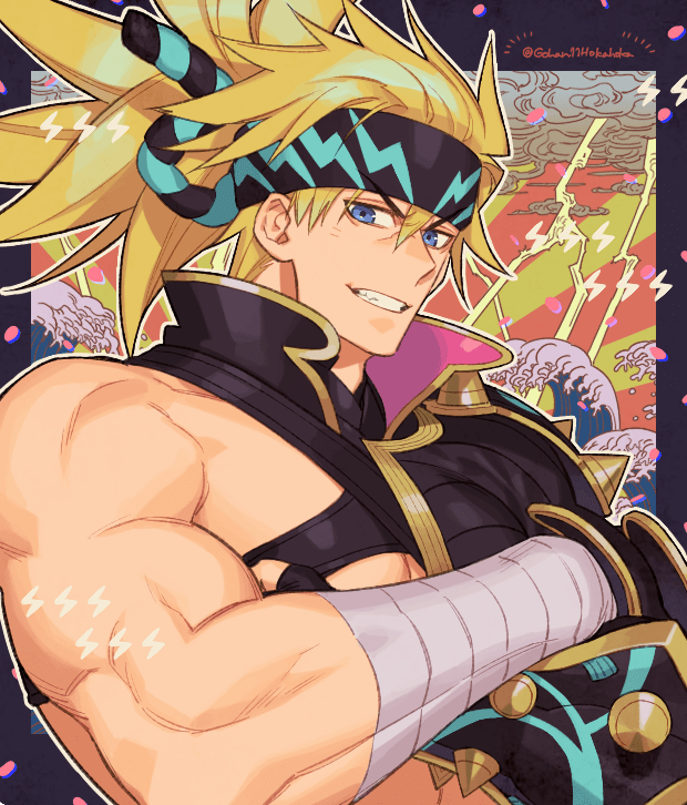 1boy bandages blonde_hair blue_eyes crossed_arms fate/grand_order fate_(series) headband heian_warrior_attire_(fate/grand_order) igote large_pectorals long_hair male_focus mature_male muscular muscular_male nipples official_alternate_costume sakata_kintoki_(fate) sara_(kurome1127) sidepec smile solo
