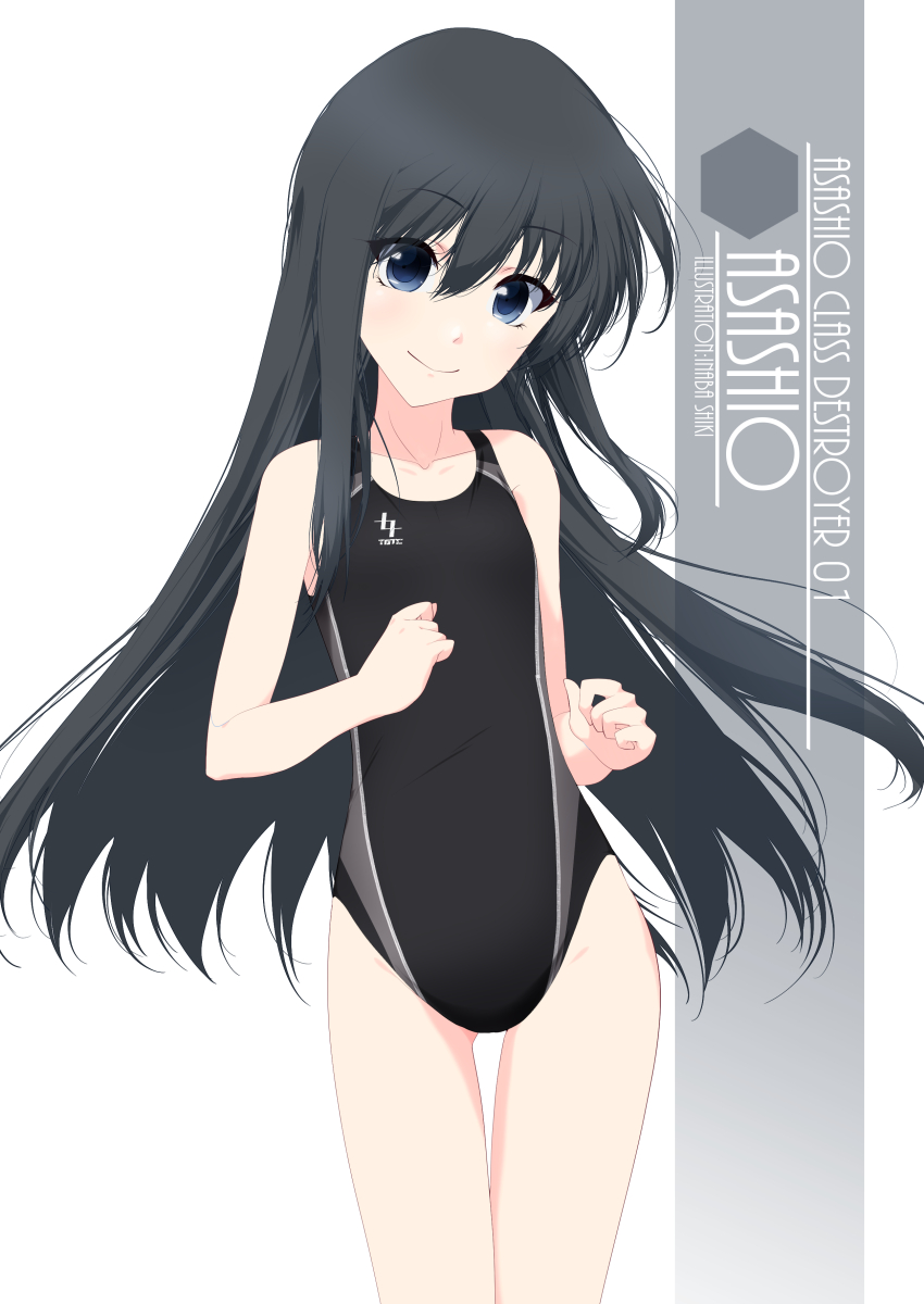 1girl artist_name asashio_(kancolle) black_hair black_swimsuit blue_eyes character_name competition_swimsuit cowboy_shot flat_chest highres inaba_shiki kantai_collection long_hair looking_at_viewer one-hour_drawing_challenge one-piece_swimsuit simple_background smile solo standing swimsuit white_background