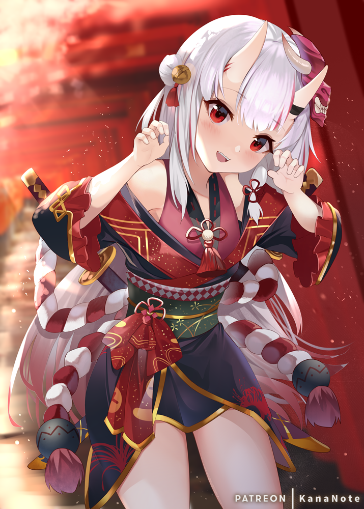 1girl bangs bare_shoulders bell black_kimono blush breasts eyebrows_visible_through_hair hair_bell hair_bun hair_ornament hololive horns japanese_clothes katana kimono kouhaku_nawa long_hair looking_at_viewer mask mask_on_head mujinbi multicolored_hair multiple_torii nakiri_ayame obi off-shoulder_kimono off_shoulder oni oni_horns oni_mask open_mouth red_eyes redhead sash silver_hair smile solo streaked_hair sword tassel torii upper_teeth virtual_youtuber weapon wide_sleeves