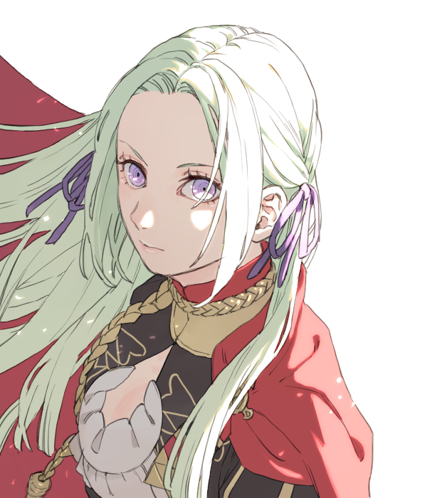 1girl 91007 cape closed_mouth edelgard_von_hresvelg fire_emblem fire_emblem:_three_houses floating_hair garreg_mach_monastery_uniform hair_intakes hair_ribbon long_hair looking_at_viewer purple_ribbon red_cape ribbon silver_hair simple_background solo upper_body very_long_hair violet_eyes white_background