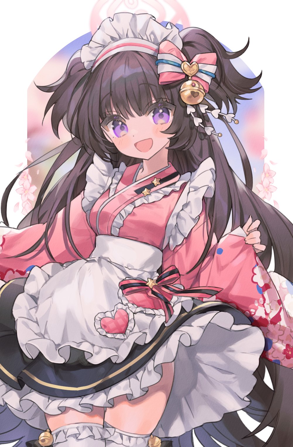 1girl bangs black_skirt blue_archive blush bow breasts brown_hair eyebrows_visible_through_hair frilled_kimono frills hair_bow heart highres japanese_clothes juju_(jelly_fever) kimono long_hair looking_at_viewer medium_breasts mole mole_under_eye open_mouth pink_bow pink_kimono shizuko_(blue_archive) skirt smile solo thigh-highs two_side_up violet_eyes wa_maid wide_sleeves