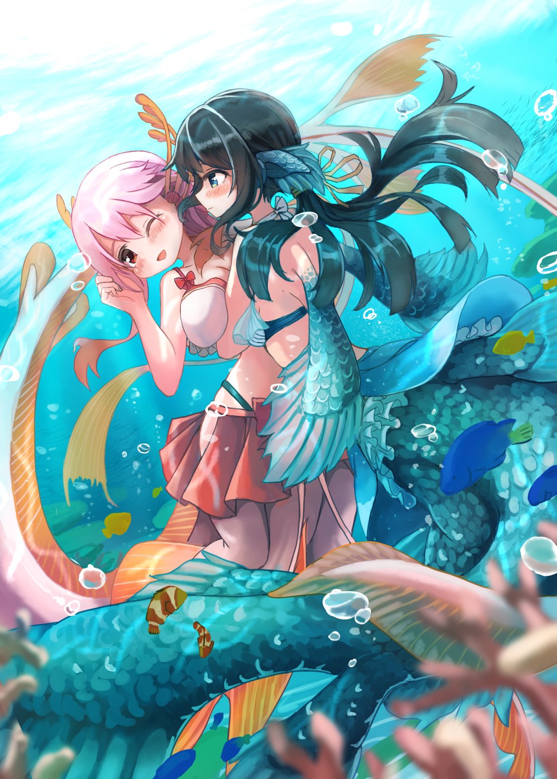 159cm 2girls :d air_bubble bikini black_hair blue_eyes blurry blurry_foreground blush bow breasts bubble closed_mouth depth_of_field hair_ribbon head_fins highres hip_vent large_breasts mermaid monster_girl multiple_girls no_hands open_mouth original pink_hair pleated_skirt red_bow red_eyes red_skirt ribbon skirt smile swimsuit underwater white_bikini yellow_ribbon