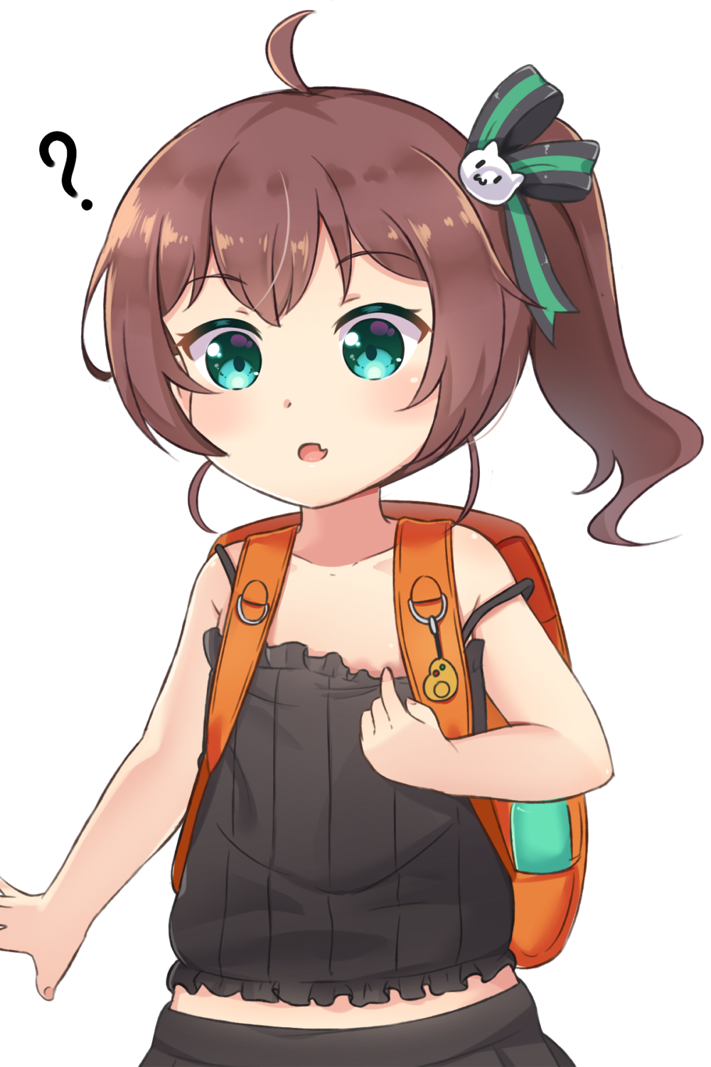 1girl :o ? ahoge backpack bag bangs bare_arms bare_shoulders black_camisole black_skirt brown_hair camisole cat_hair_ornament collarbone commentary_request crime_prevention_buzzer eyebrows_visible_through_hair fang green_eyes hair_ornament highres hololive natsuiro_matsuri open_mouth pleated_skirt rutorifuki side_ponytail simple_background skirt solo strap_slip virtual_youtuber white_background