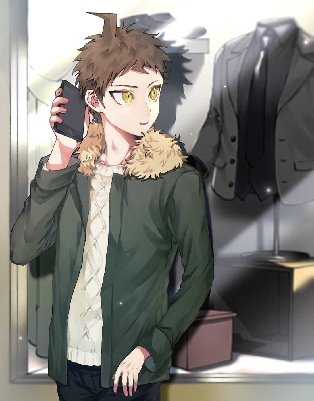 1boy ahoge alternate_costume bad_hand bangs black_pants blurry brown_eyes brown_hair cellphone commentary_request cowboy_shot dangan_ronpa_(series) dangan_ronpa_2:_goodbye_despair dangan_ronpa_v3:_killing_harmony depth_of_field fur-trimmed_jacket fur_collar fur_trim green_jacket highres hinata_hajime holding holding_phone jacket long_sleeves male_focus open_clothes open_jacket open_mouth pants phone shirt short_hair smartphone solo standing suzumetarou upper_teeth white_shirt yellow_eyes