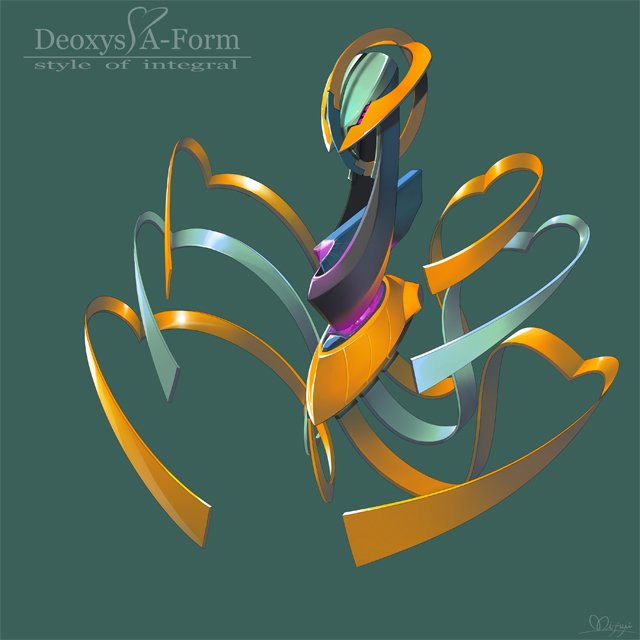 character_name commentary_request deoxys deoxys_(attack) full_body gen_3_pokemon green_background heart mechanization mifuji mythical_pokemon no_humans pokemon robot shiny signature simple_background solo