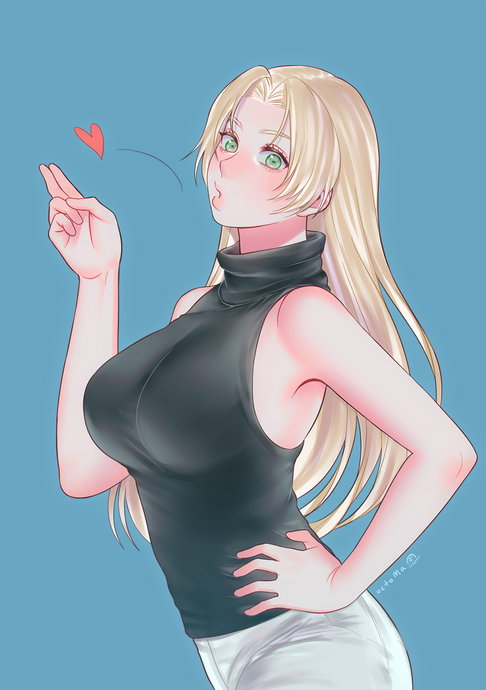 1girl artist_name bangs black_shirt blonde_hair blown_kiss blue_background breasts commentary cowboy_shot eyelashes green_eyes hand_on_hip heart highres jujutsu_kaisen large_breasts lips long_hair looking_at_viewer motion_lines octoma pants parted_bangs puckered_lips shirt signature simple_background sleeveless sleeveless_shirt solo straight_hair tsukumo_yuki_(jujutsu_kaisen) turtleneck white_pants