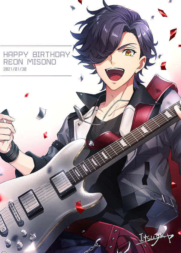 1boy :d argonavis_from_bang_dream! bang_dream! birthday black_hair character_name confetti dated dog_tags english_text gradient gradient_background guitar hair_over_one_eye happy_birthday instrument itsuya_(daystar) jacket leather leather_jacket male_focus misono_reon open_mouth plectrum sleeves_rolled_up smile solo yellow_eyes