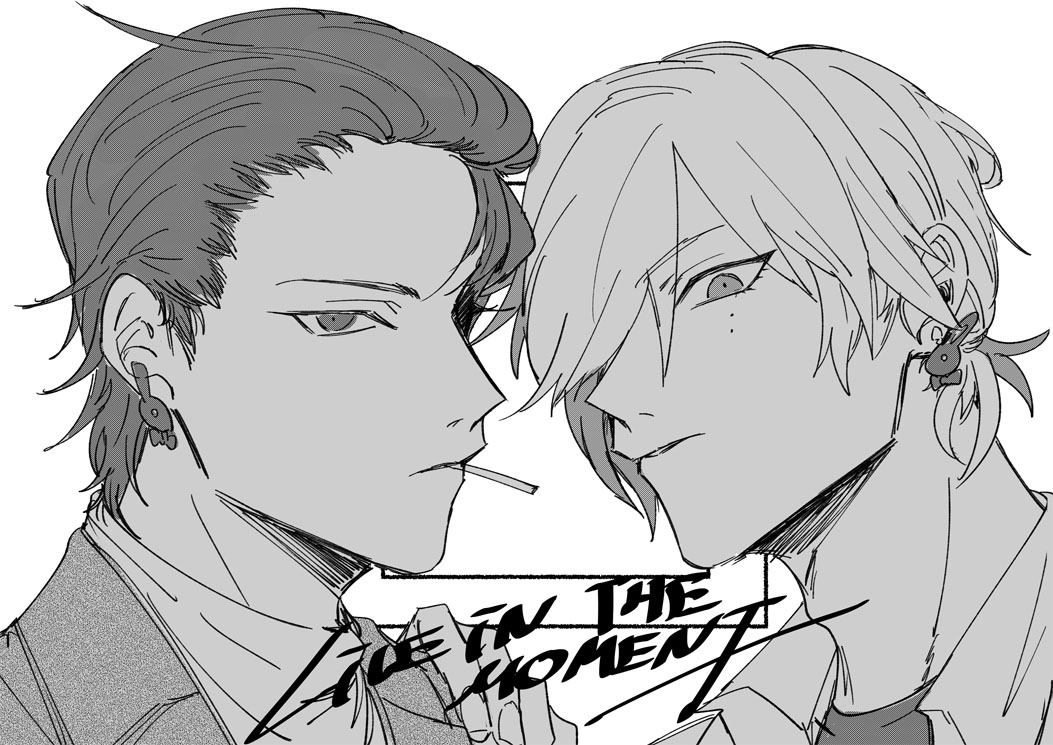 2boys bangs cigarette closed_mouth ear_piercing hand_on_another's_shoulder jacket looking_at_viewer male_focus monochrome multiple_boys original piercing ritsuno_ananda shirt short_hair simple_background white_background