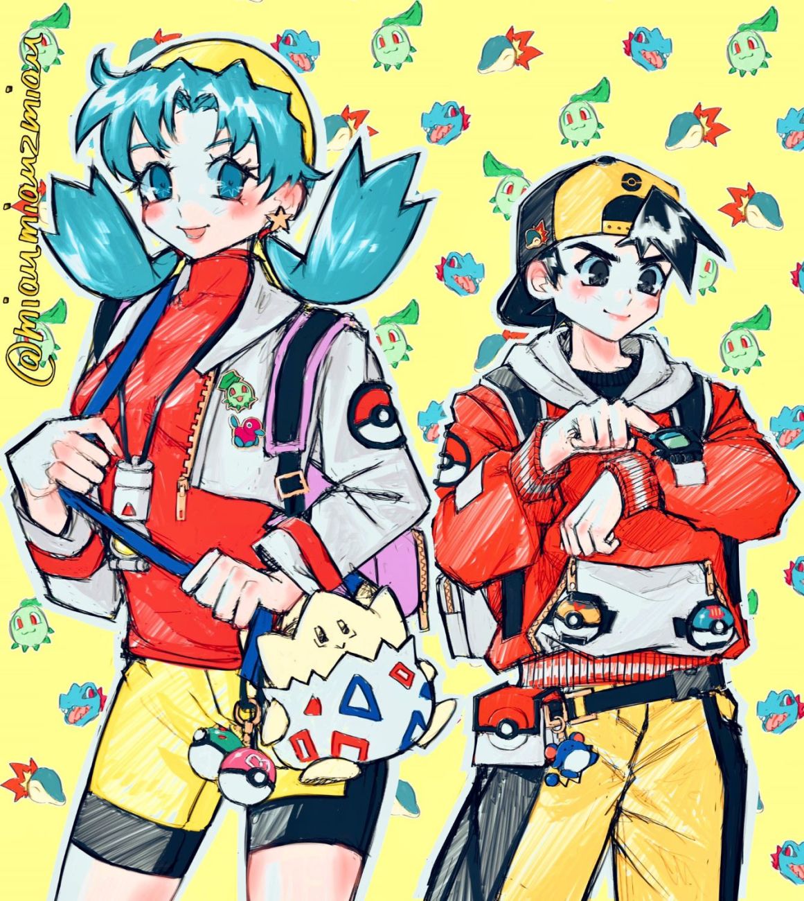 1boy 1girl :d backwards_hat baseball_cap blue_eyes blue_hair breasts chikorita closed_mouth cowboy_shot cropped_jacket cyndaquil earrings ethan_(pokemon) friend_ball gen_1_pokemon gen_2_pokemon great_ball hair_intakes hat highres jacket jewelry kris_(pokemon) legs_apart level_ball long_hair long_sleeves looking_at_viewer love_ball marill open_clothes open_jacket open_mouth outline poke_ball pokegear pokemon pokemon_(game) pokemon_gsc poririna porygon short_hair shorts small_breasts smile star_(symbol) star_earrings starter_pokemon starter_pokemon_trio togepi turtleneck twintails twitter_username unzipped white_jacket yellow_background yellow_headwear zipper zipper_pull_tab