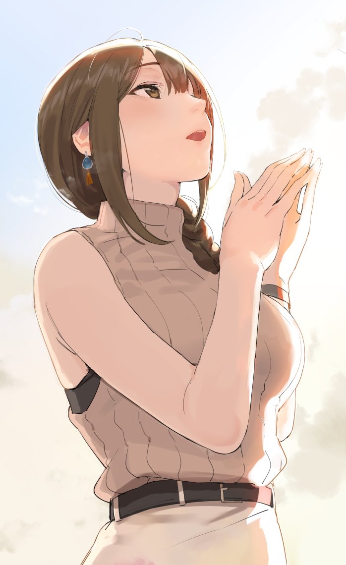 1girl ahoge belt black_belt black_shirt braid braided_ponytail breasts brown_eyes brown_hair brown_sweater clouds cloudy_sky commentary day earrings fingers_together grey_sky hands_together idolmaster idolmaster_shiny_colors jewelry kuwayama_chiyuki long_hair looking_up medium_breasts nekoshoko open_mouth outdoors ribbed_sweater shirt sky sleeveless_sweater solo sweater turtleneck turtleneck_sweater upper_body wristband