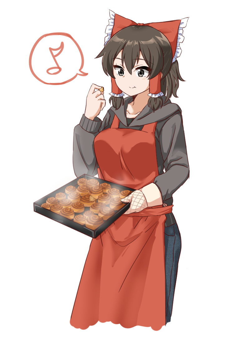 1girl :t apron bangs black_eyes black_hoodie black_shirt blue_pants bow brown_hair cinnamon_bun closed_mouth commentary_request cookie_(touhou) cowboy_shot denim eating eyebrows_visible_through_hair food frilled_bow frills gnzy hair_between_eyes hair_bow hakurei_reimu holding holding_tray hood hoodie jeans long_sleeves looking_down maru_(cookie) mittens musical_note oven_mitts pants red_apron red_bow shirt short_hair single_mitten solo spoken_musical_note steam touhou transparent_background tray