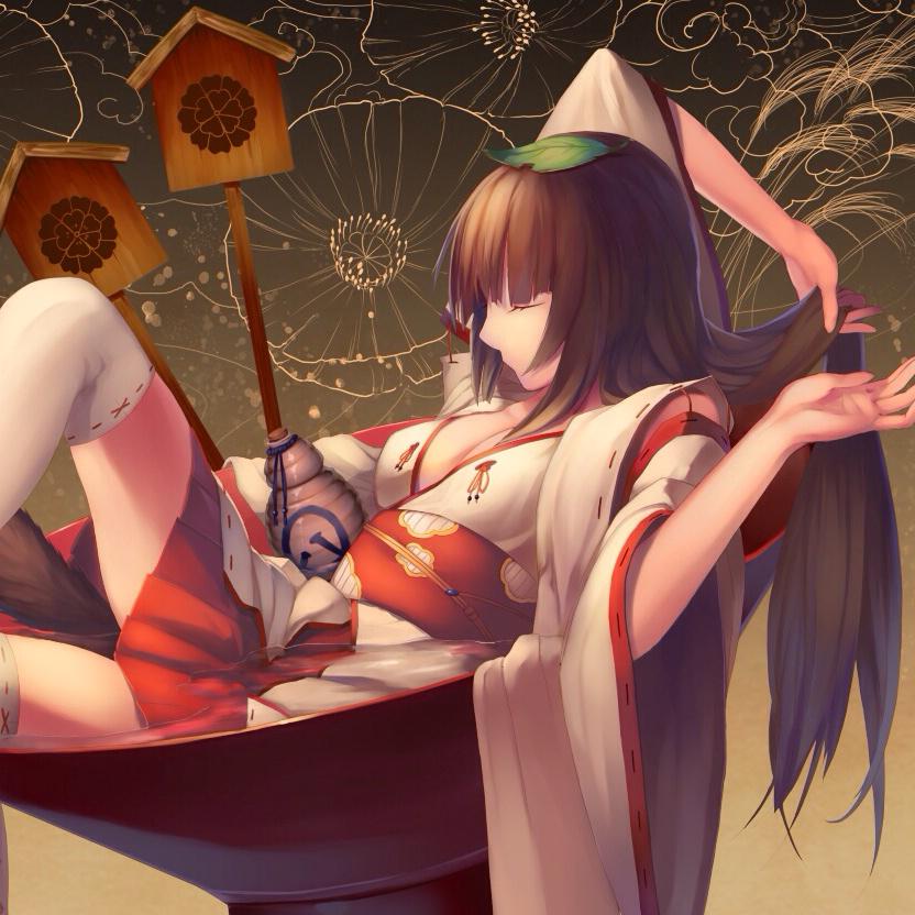 1girl brown_hair closed_eyes copyright_request cup from_side hakama hakama_skirt in_bowl in_container japanese_clothes kimono kotoribako leaf leaf_on_head long_hair obi red_hakama red_skirt sakazuki sash skirt solo thigh-highs white_kimono white_legwear