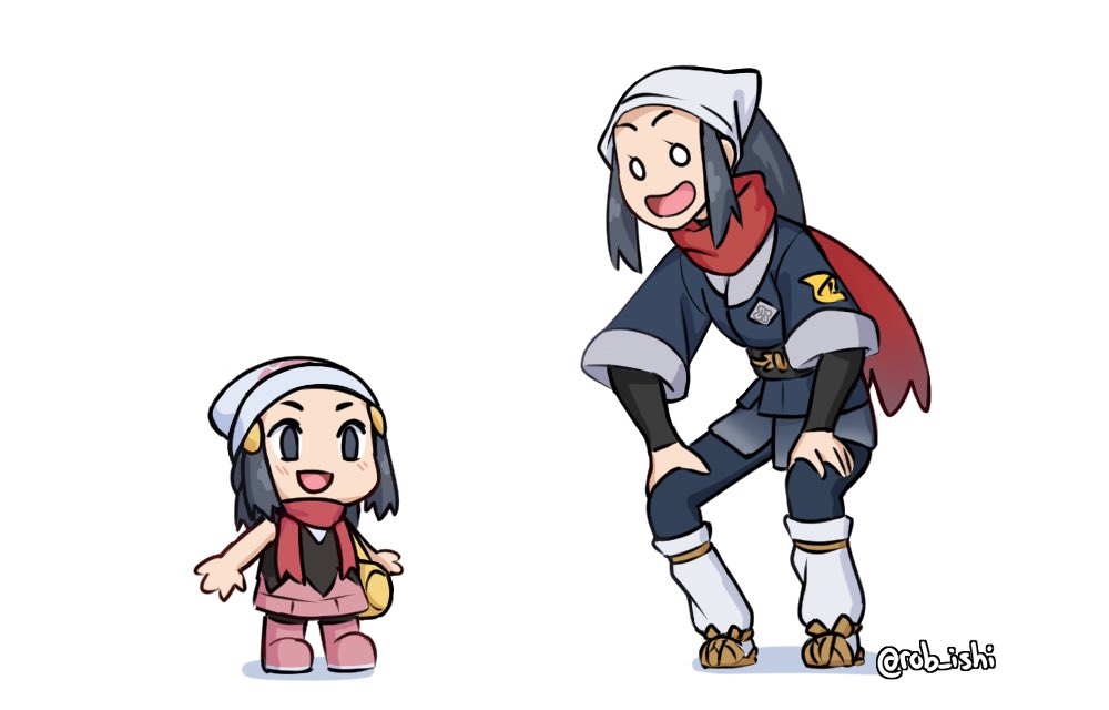 2girls :d artist_name bag beanie black_hair boots chibi commentary hikari_(pokemon) female_protagonist_(pokemon_legends:_arceus) grey_eyes hair_ornament hands_on_own_knees hat head_scarf height_difference how_to_talk_to_short_people long_hair meme multiple_girls open_mouth pokemon pokemon_(game) pokemon_bdsp pokemon_legends:_arceus ponytail red_scarf rob_ishi scarf smile white_background