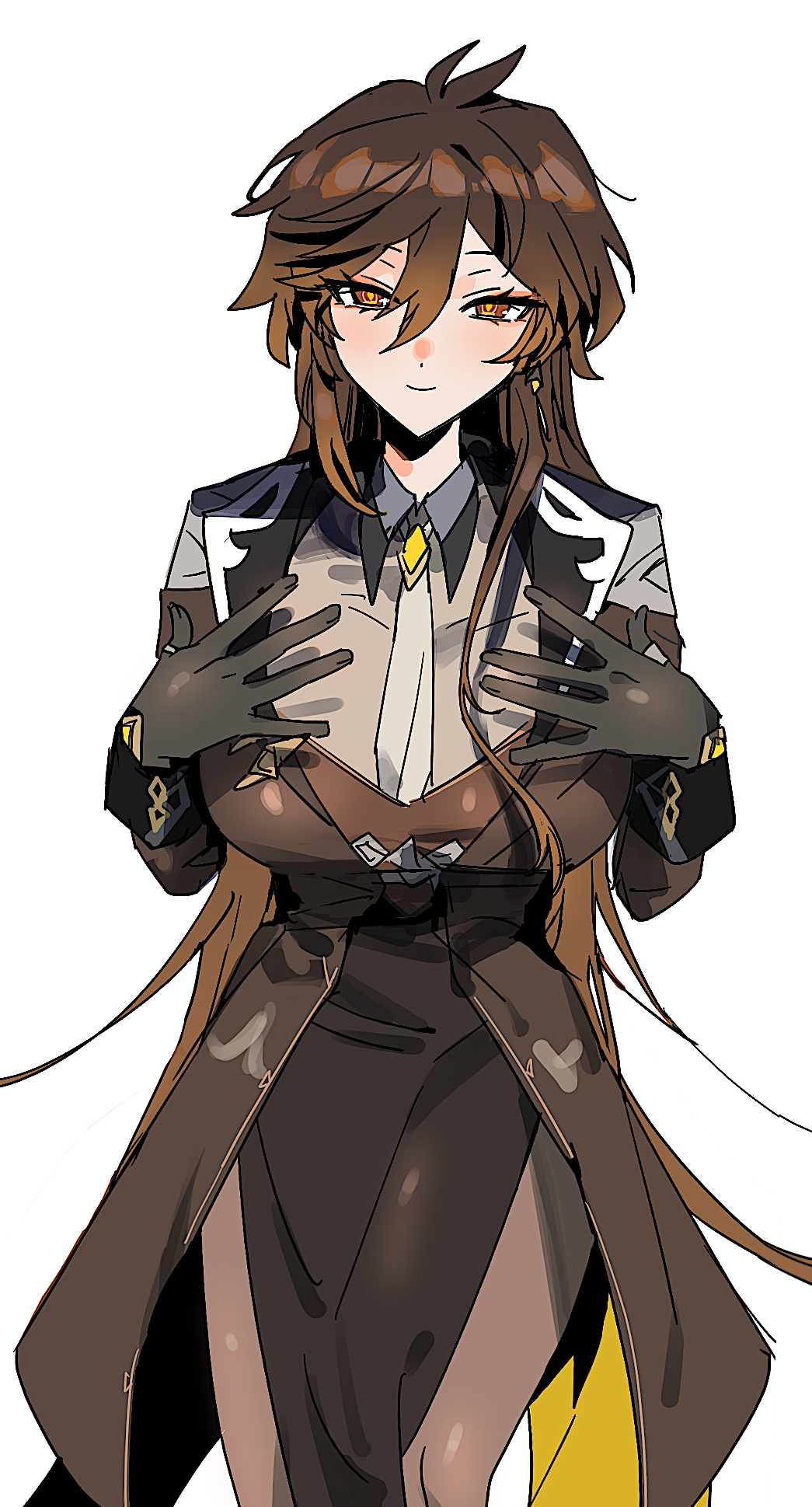 1girl bangs black_gloves breasts brown_hair closed_mouth collared_shirt eyeliner formal genderswap genderswap_(mtf) genshin_impact gloves hair_between_eyes highres jacket jewelry large_breasts long_hair long_sleeves looking_at_viewer makeup mimlmi necktie pantyhose shirt simple_background single_earring smile solo suit thumb_ring white_background yellow_eyes zhongli_(genshin_impact)