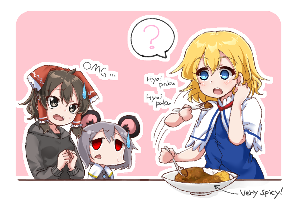 3girls ? alice_margatroid animal_ears bangs black_eyes black_hoodie black_shirt blonde_hair blue_dress blue_eyes blush border bow brown_hair capelet commentary_request cookie_(touhou) curry curry_rice dress eating english_text eyebrows_visible_through_hair food frilled_bow frills gnzy grey_dress hair_between_eyes hair_bow hair_tubes hakurei_reimu holding holding_spoon hood hoodie jewelry kofji_(cookie) long_sleeves looking_at_another maru_(cookie) mouse_ears multiple_girls nazrin necklace open_mouth pink_background red_bow red_eyes rice shirt short_hair short_sleeves spoken_question_mark spoon sweatdrop touhou upper_body upper_teeth web_(cookie) white_border white_capelet