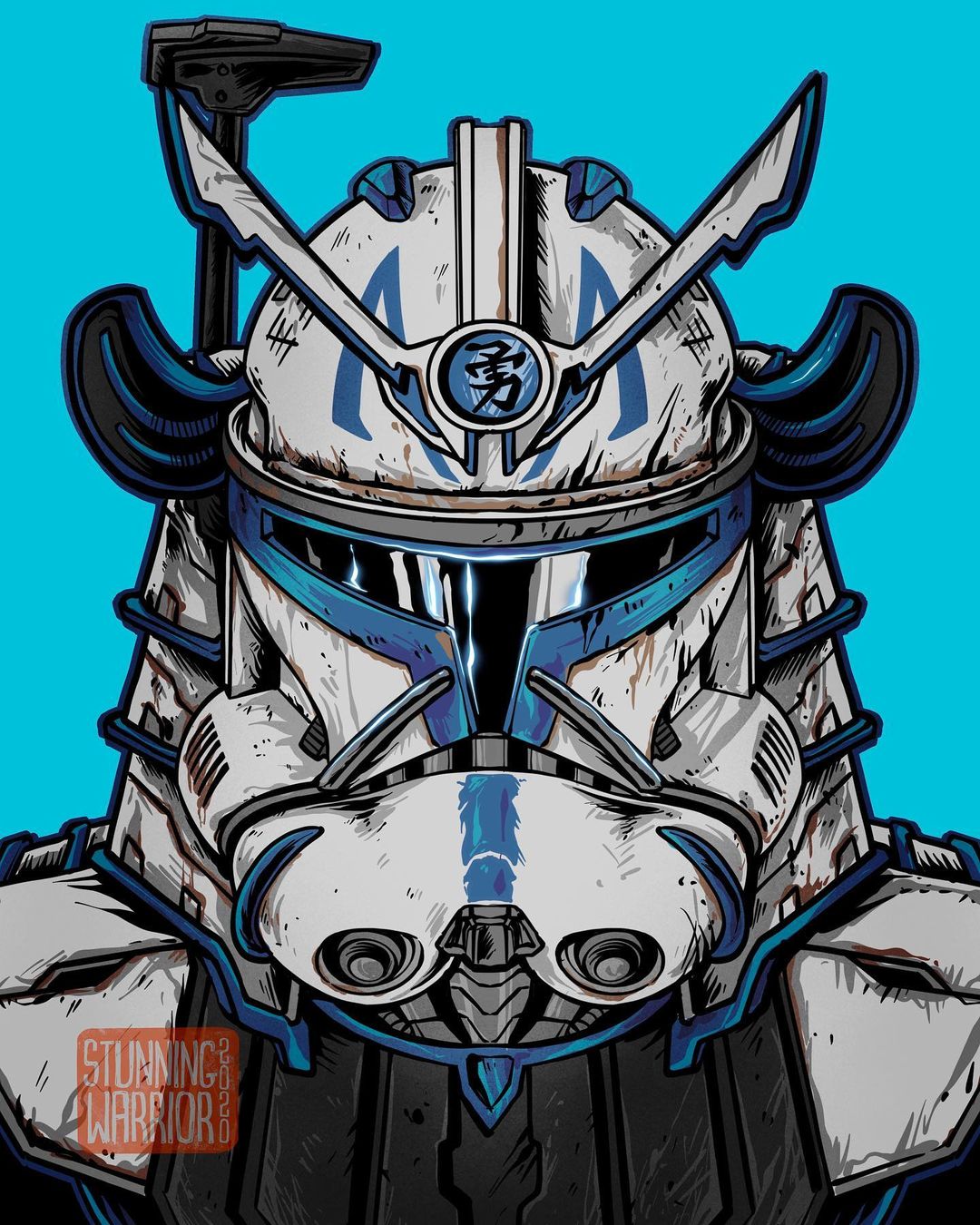 1boy alternate_universe armor artist_name blue_background captain_rex clone_trooper english_commentary helmet highres male_focus radio_antenna samurai solo star_wars star_wars:_the_clone_wars stunning_warrior upper_body v-fin visor