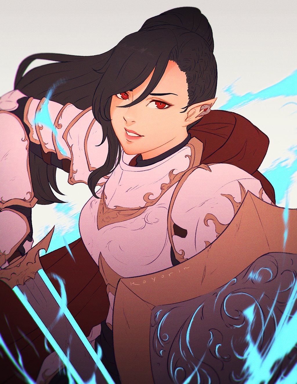 1girl armor black_hair earrings elezen elf final_fantasy final_fantasy_xiv hair_between_eyes highres hilda_ware hybrid hyur jewelry koyorin long_hair looking_at_viewer paladin_(final_fantasy) pointy_ears ponytail red_eyes shield solo sword weapon